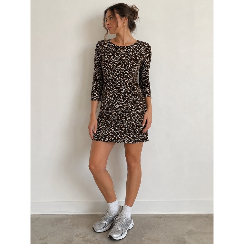 J.Crew Leopard Print Shift Dress Brown Tan Black 3/4 Sleeve Size 2